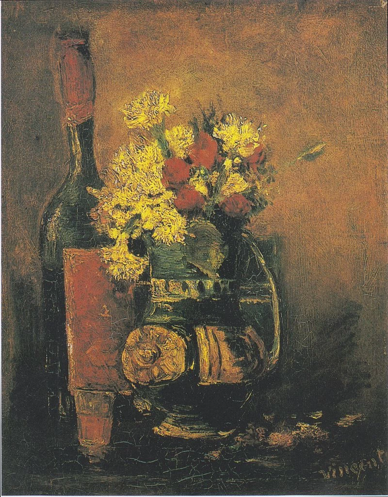 289-Vincent van Gogh-Vaso di garofani bianchi e rose e bottiglia - Kröller-Müller Museum, Otterlo  